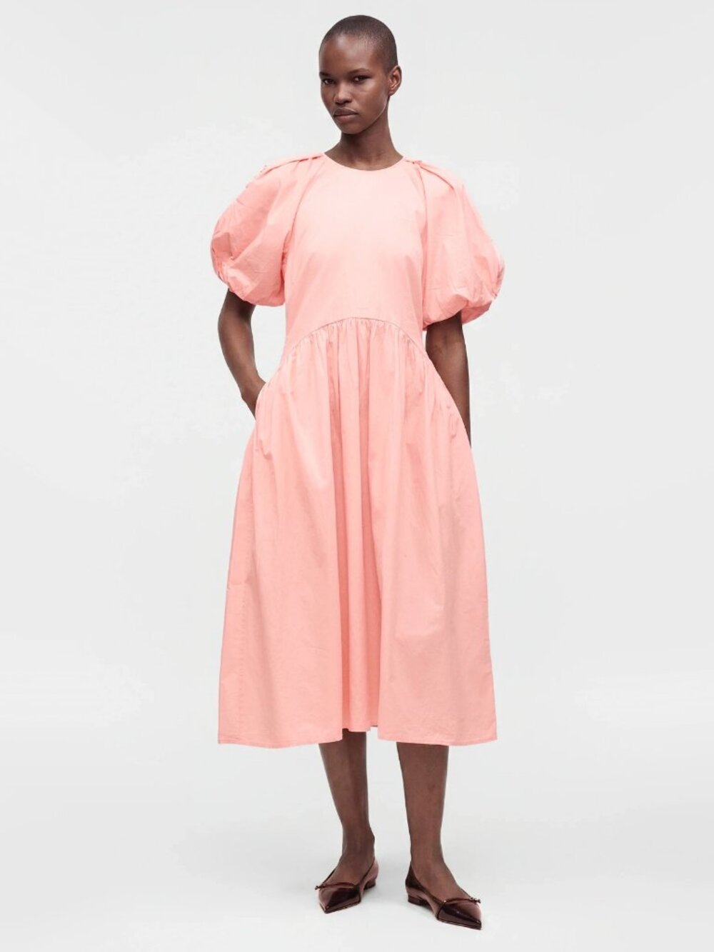 Stine Goya Gathered Raglan Sleeve Midi Dress with Ballerina Embroidery in Pink,